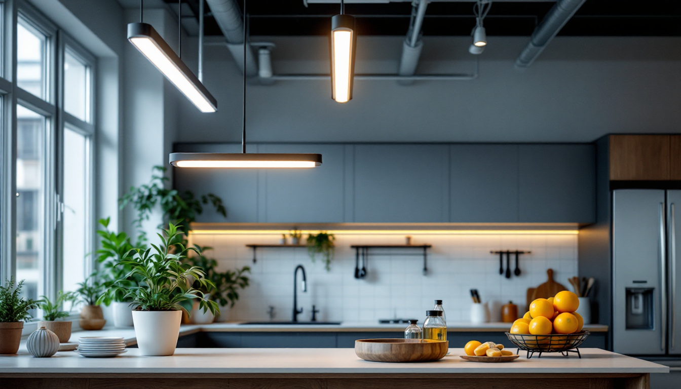 A photograph of a modern kitchen featuring sleek fluorescent light fixtures