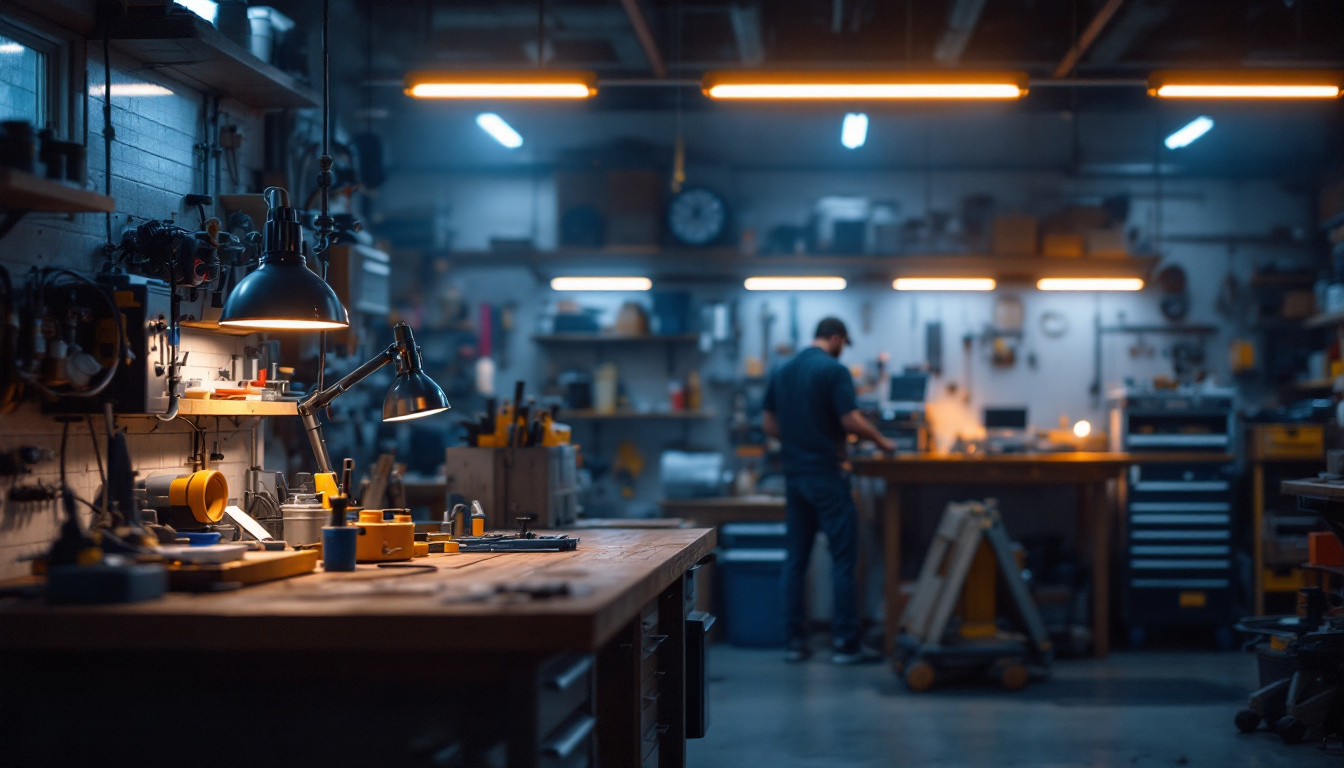 A photograph of a well-lit workshop or garage showcasing multiple linked led shop lights in action