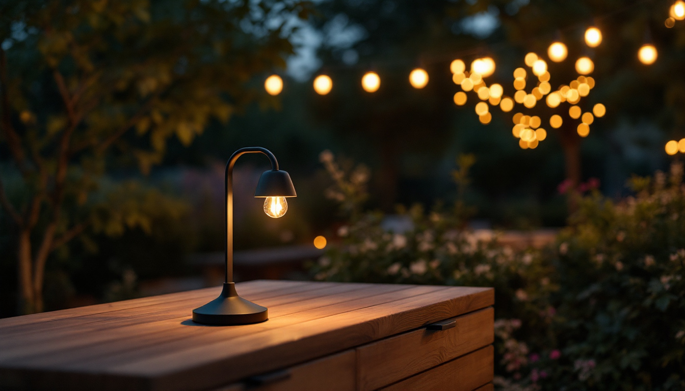 A photograph of a beautifully lit outdoor space featuring a stylish lamp with a timer