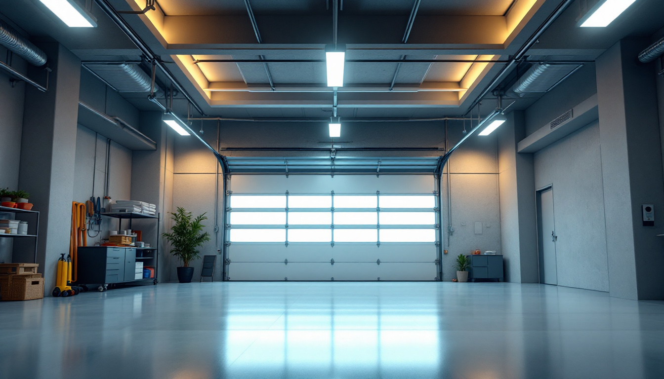 A photograph of a modern garage illuminated by sleek
