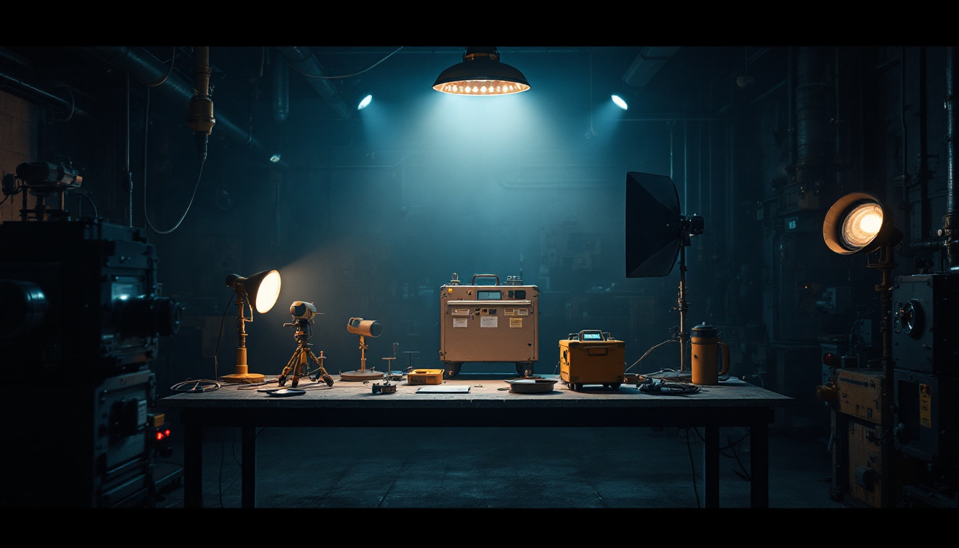A photograph of a dimly lit industrial workspace featuring various types of hazardous lighting equipment