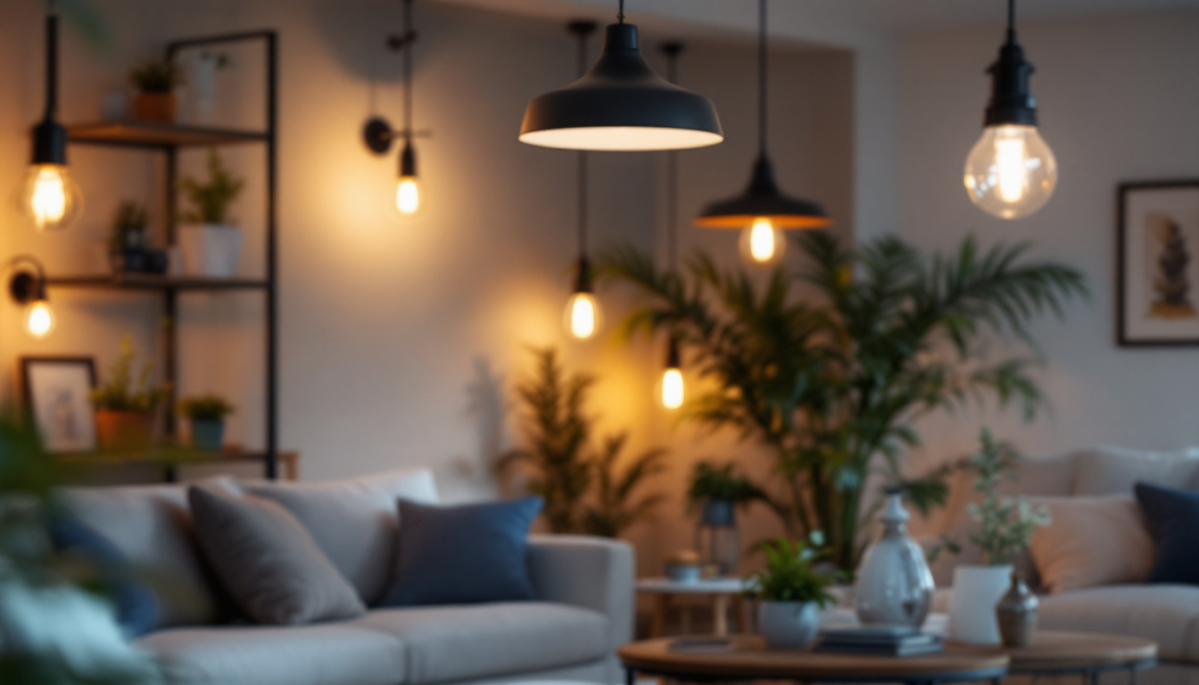 A photograph of a well-lit home interior featuring a variety of stylish light fixtures from home depot