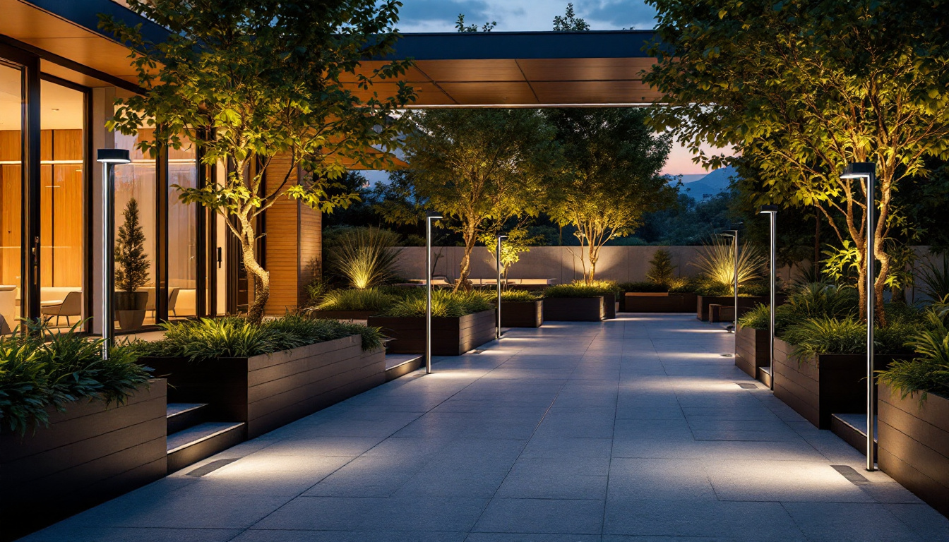 A photograph of capture a photograph of a modern outdoor space illuminated by sleek motion-sensing lights at dusk