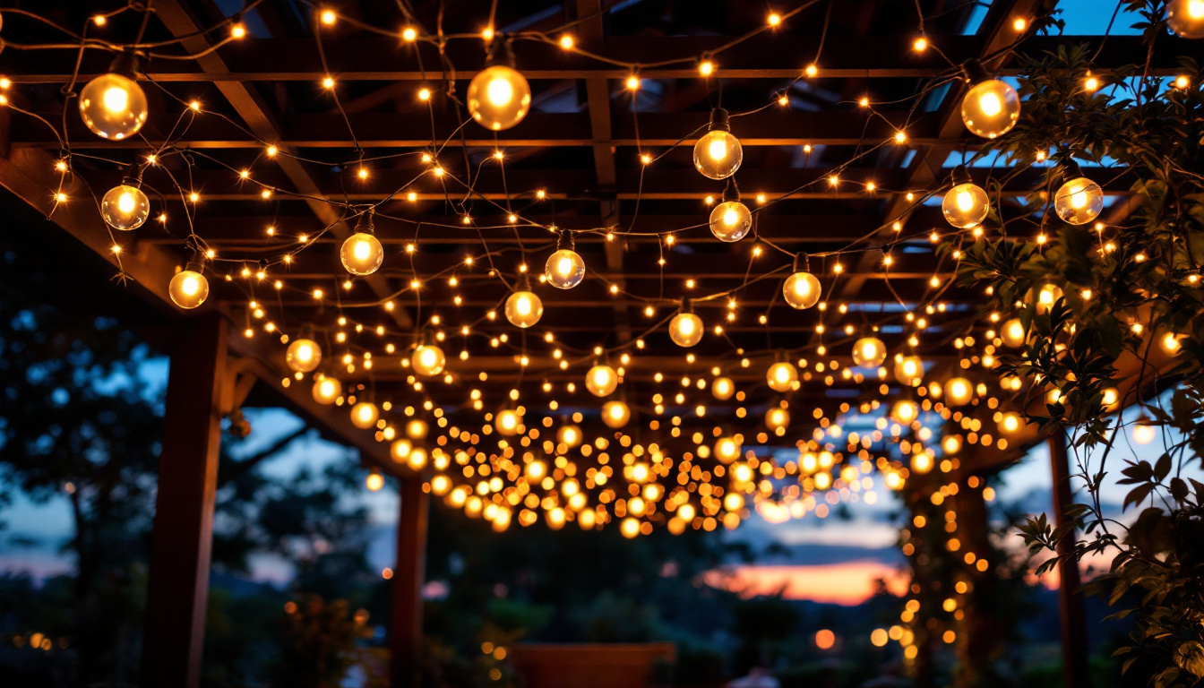 A photograph of a beautifully designed light outdoor ceiling installation at dusk