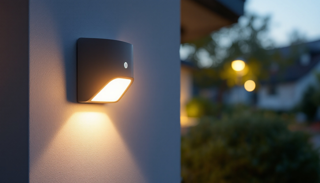 A photograph of a modern rab motion sensor light installed in a well-lit outdoor setting