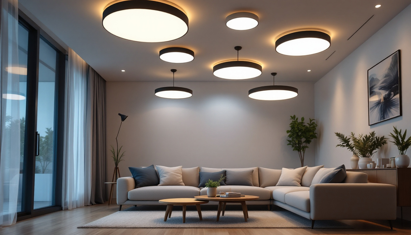 A photograph of a modern living space showcasing an array of led ceiling light fixtures in use