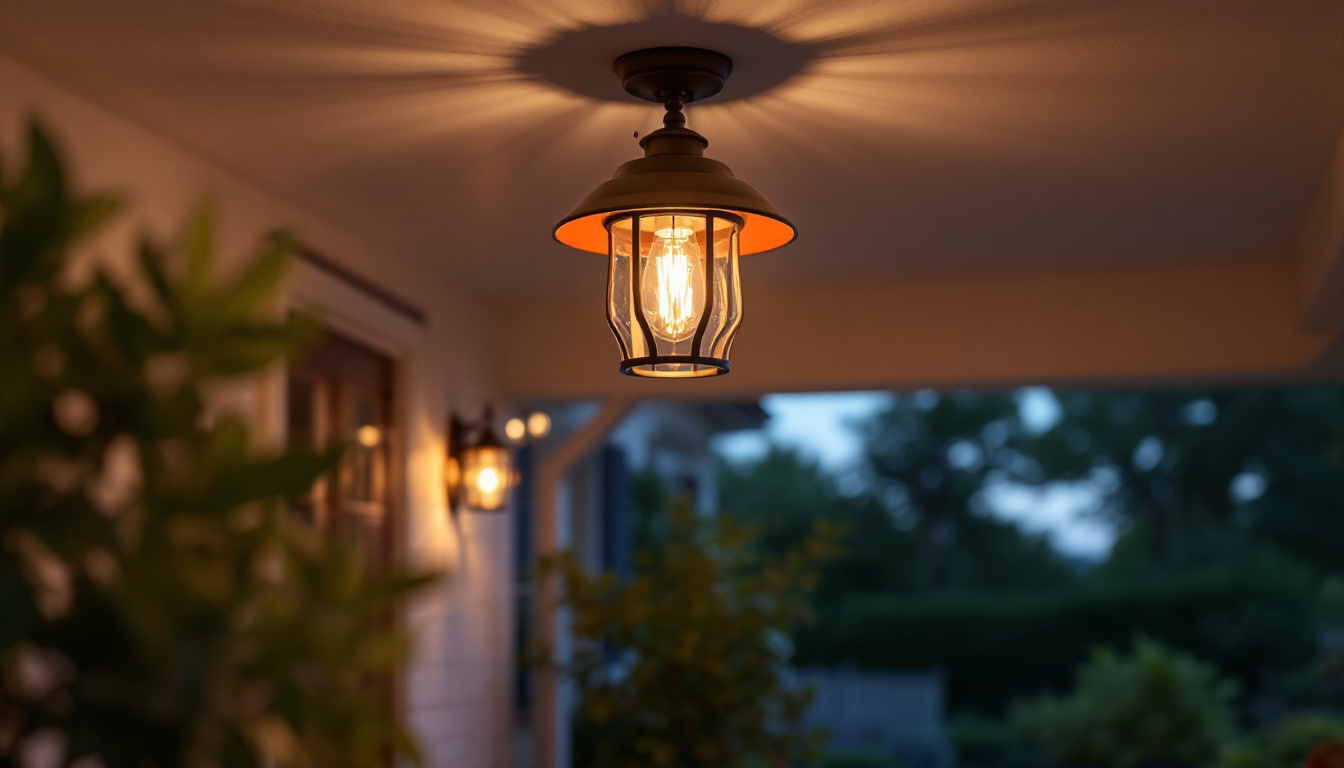 A photograph of a beautifully designed outdoor ceiling porch light installed in an inviting porch setting