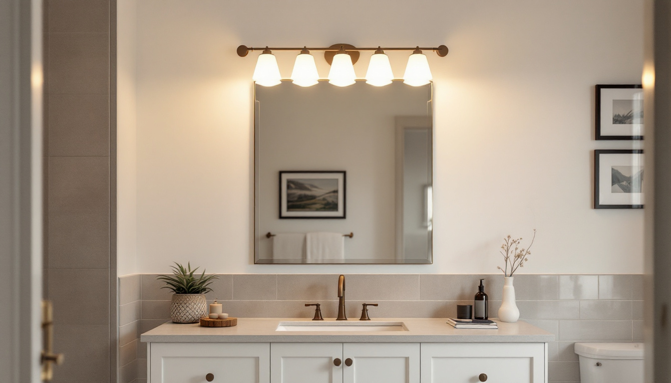 A photograph of a stylishly designed 8-light vanity fixture illuminated in a well-decorated bathroom setting