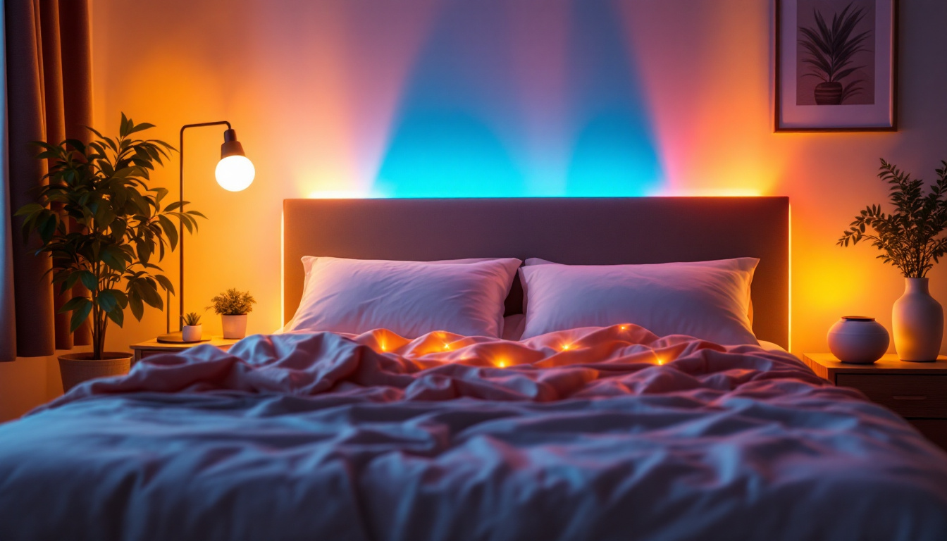 A photograph of a cozy bedroom scene featuring stylish led bed lights in various colors