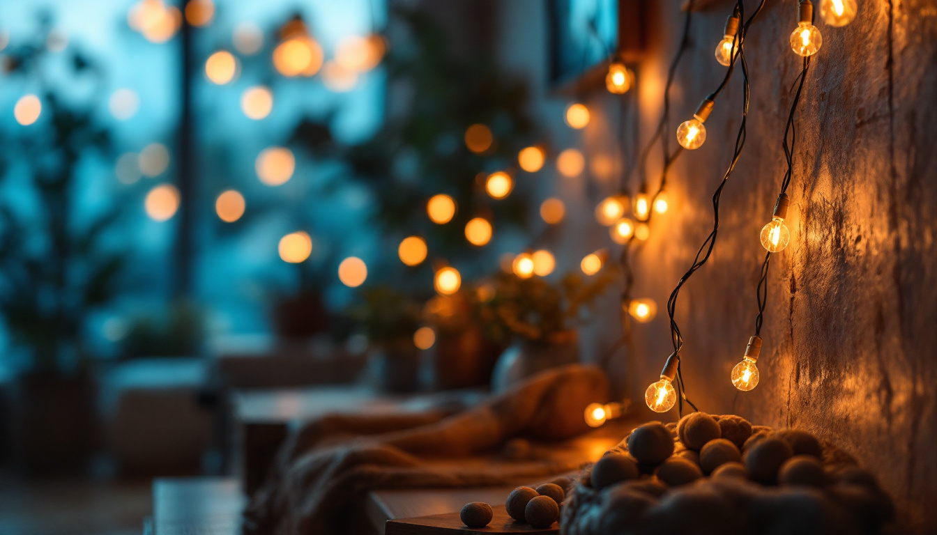 A photograph of capture a photograph of a beautifully arranged display of led string lights in a cozy indoor setting