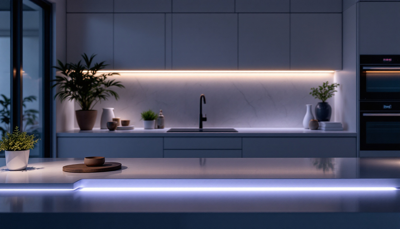 A photograph of a beautifully designed kitchen or workspace featuring sleek undercounter led lights illuminating the countertops