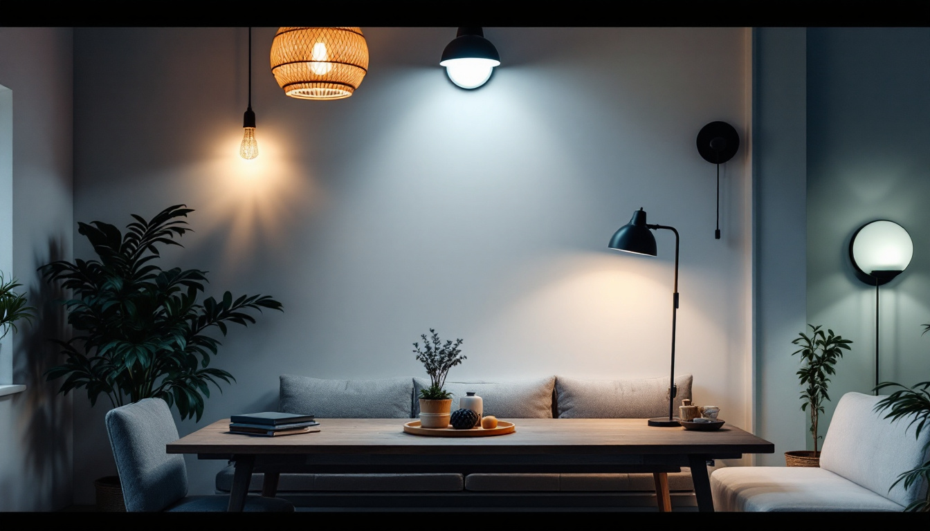 A photograph of a beautifully lit interior space showcasing various lighting fixtures and their effects on the ambiance