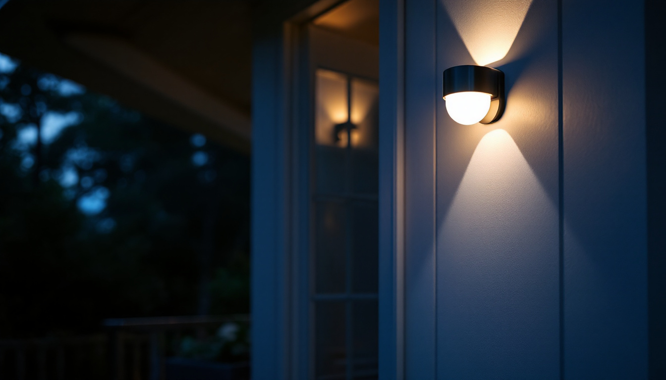 A photograph of a stylish front door illuminated by a motion sensor light at dusk