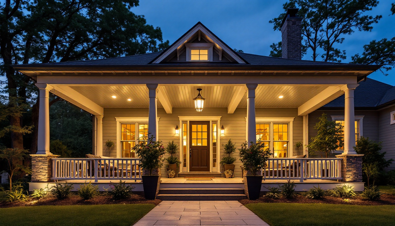 A photograph of a beautifully designed porch featuring a variety of exterior ceiling lights in different styles and settings