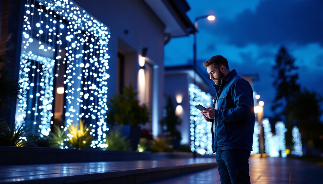 A photograph of a stunning exterior lighting installation at dusk