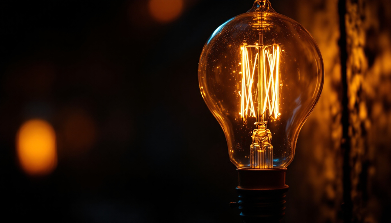 A photograph of a vintage incandescent bulb glowing warmly in a dimly lit setting