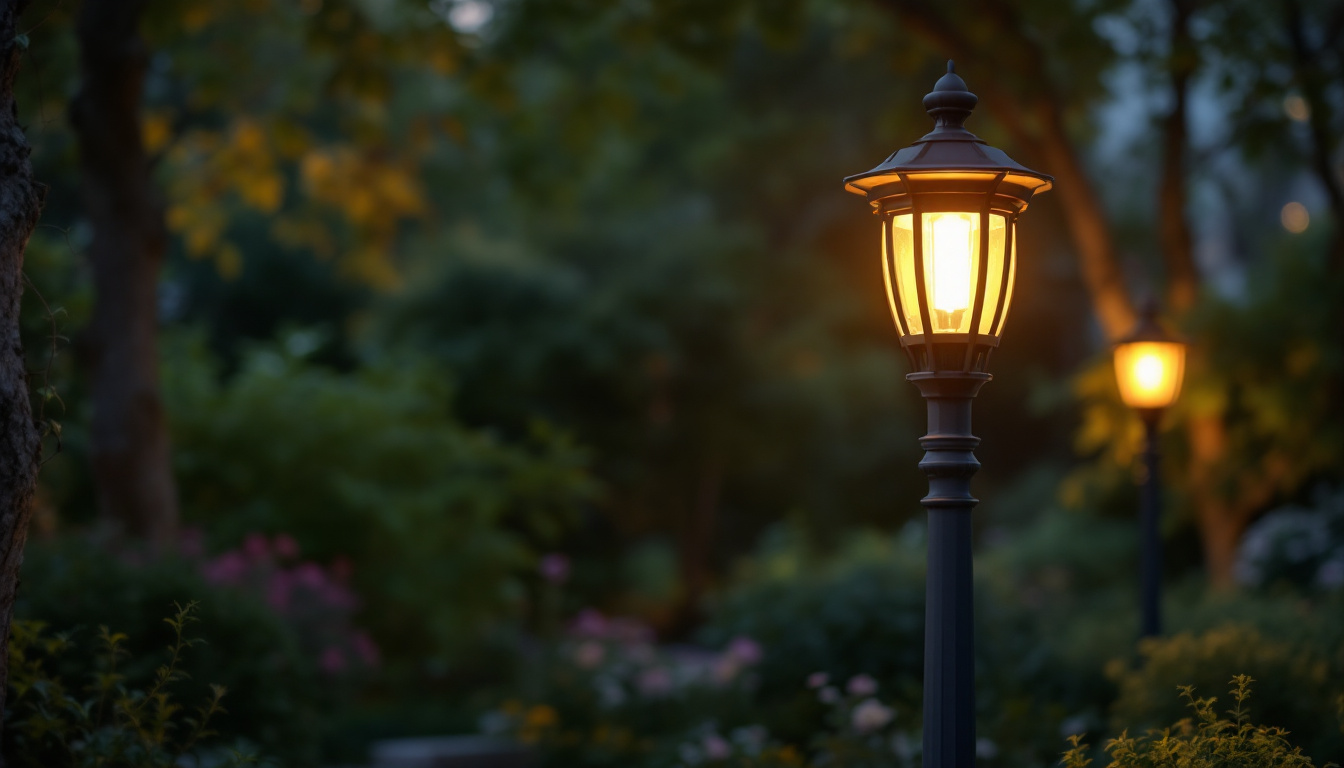 A photograph of a beautifully illuminated garden light pole at dusk