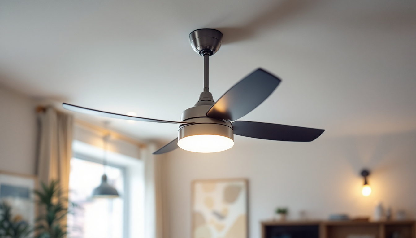 A photograph of a stylish ceiling fan with an integrated light kit