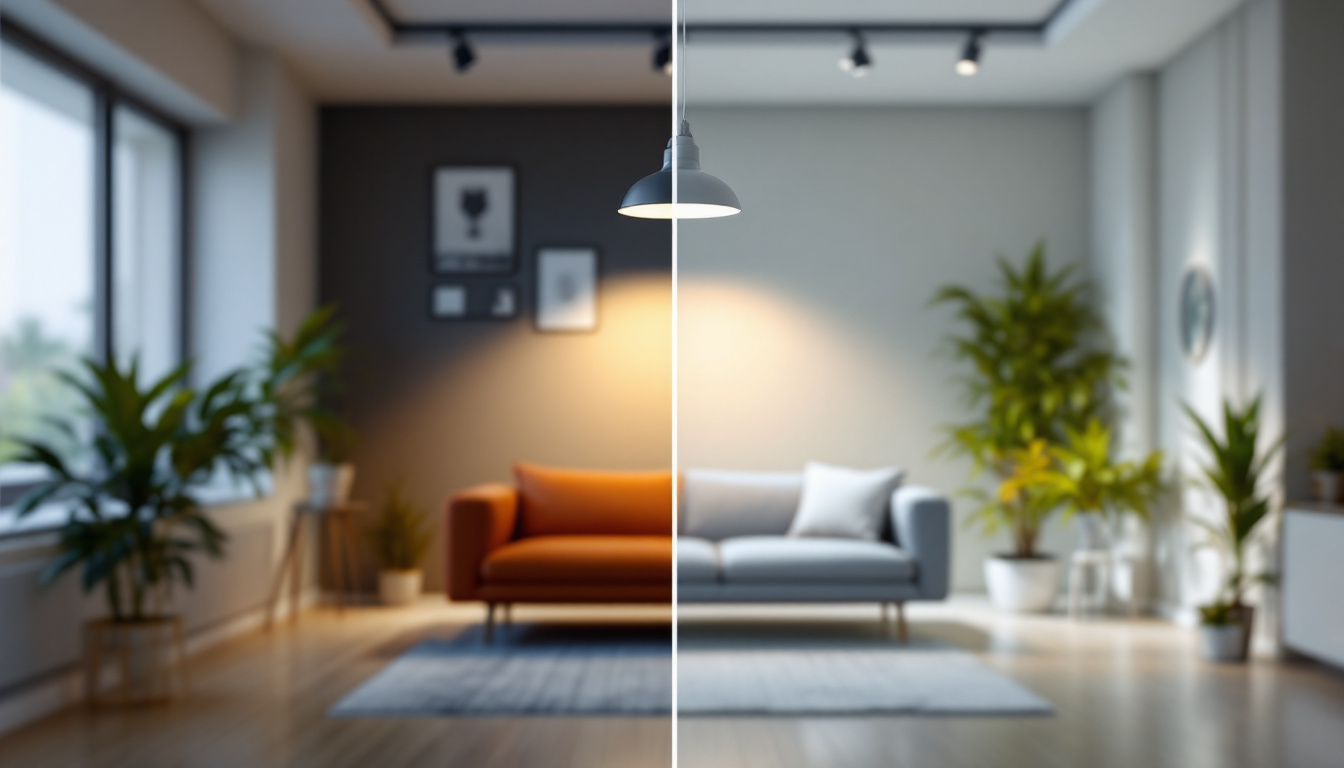 A photograph of a side-by-side comparison of led retro-fit lighting fixtures and traditional lighting options in a well-lit space