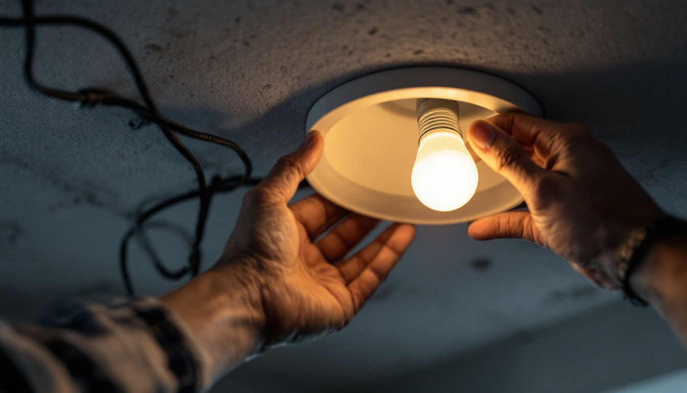 A photograph of a close-up shot of a person replacing a recessed can light bulb