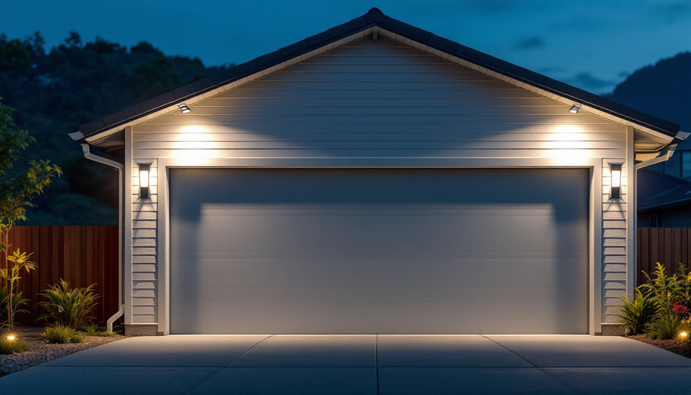 A photograph of a well-lit garage exterior at dusk