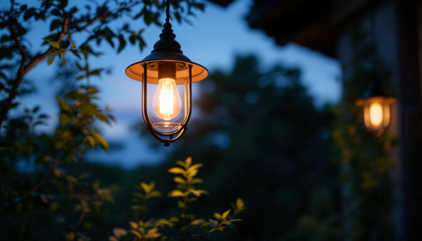A photograph of a beautifully designed hanging outdoor lamp illuminated at dusk
