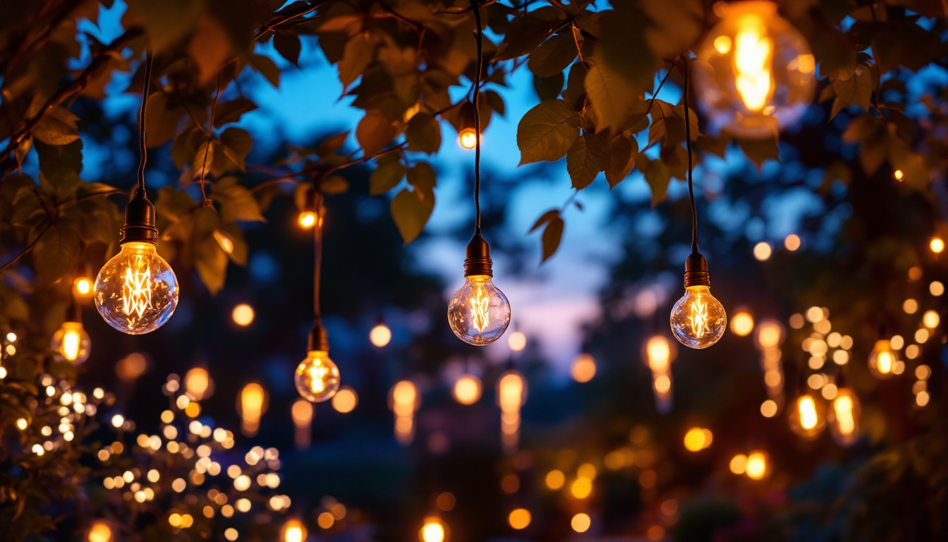 A photograph of a beautifully illuminated outdoor space featuring hanging garden lights