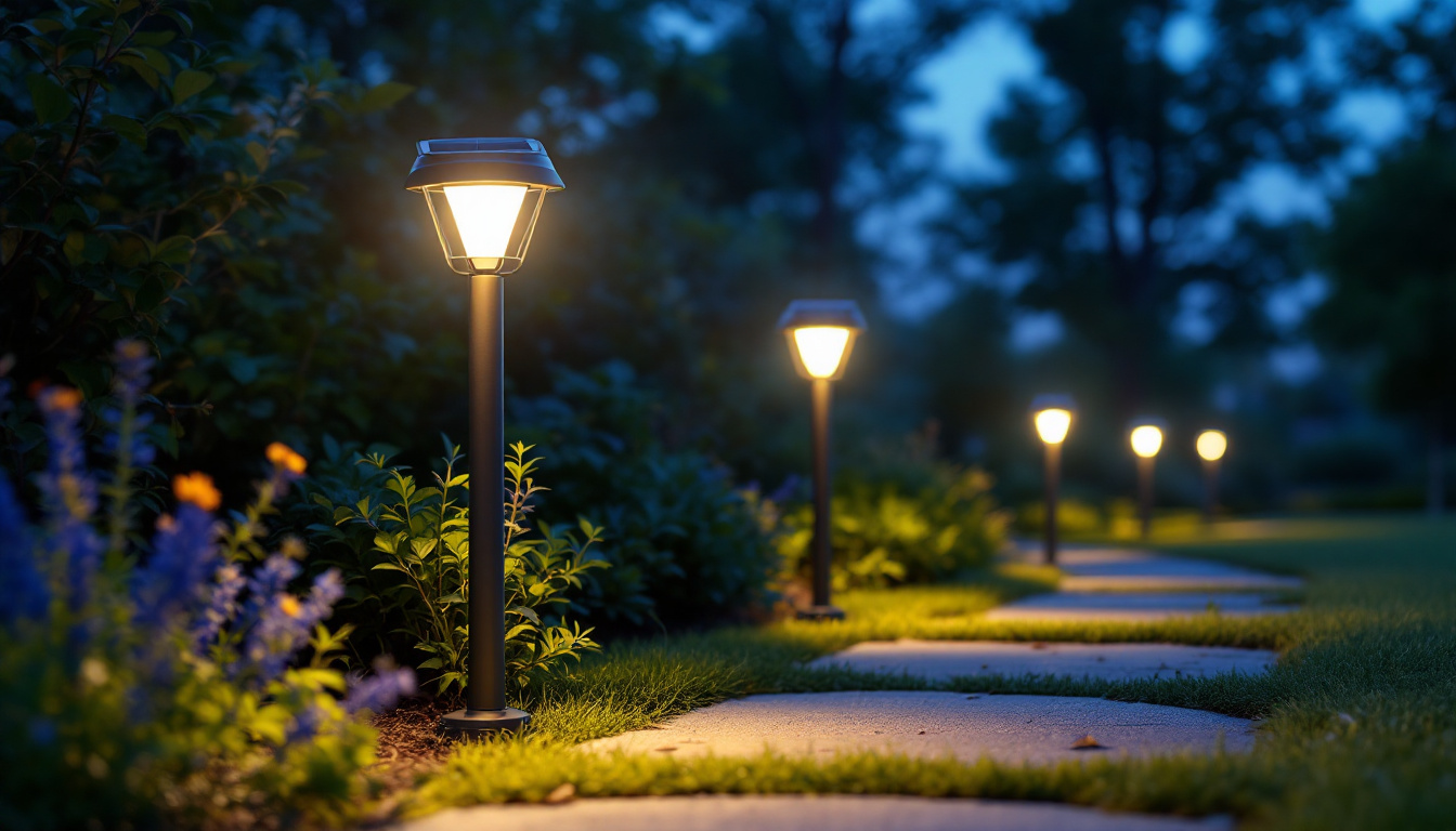 A photograph of a well-lit outdoor scene featuring solar white lights illuminating a garden or pathway at dusk