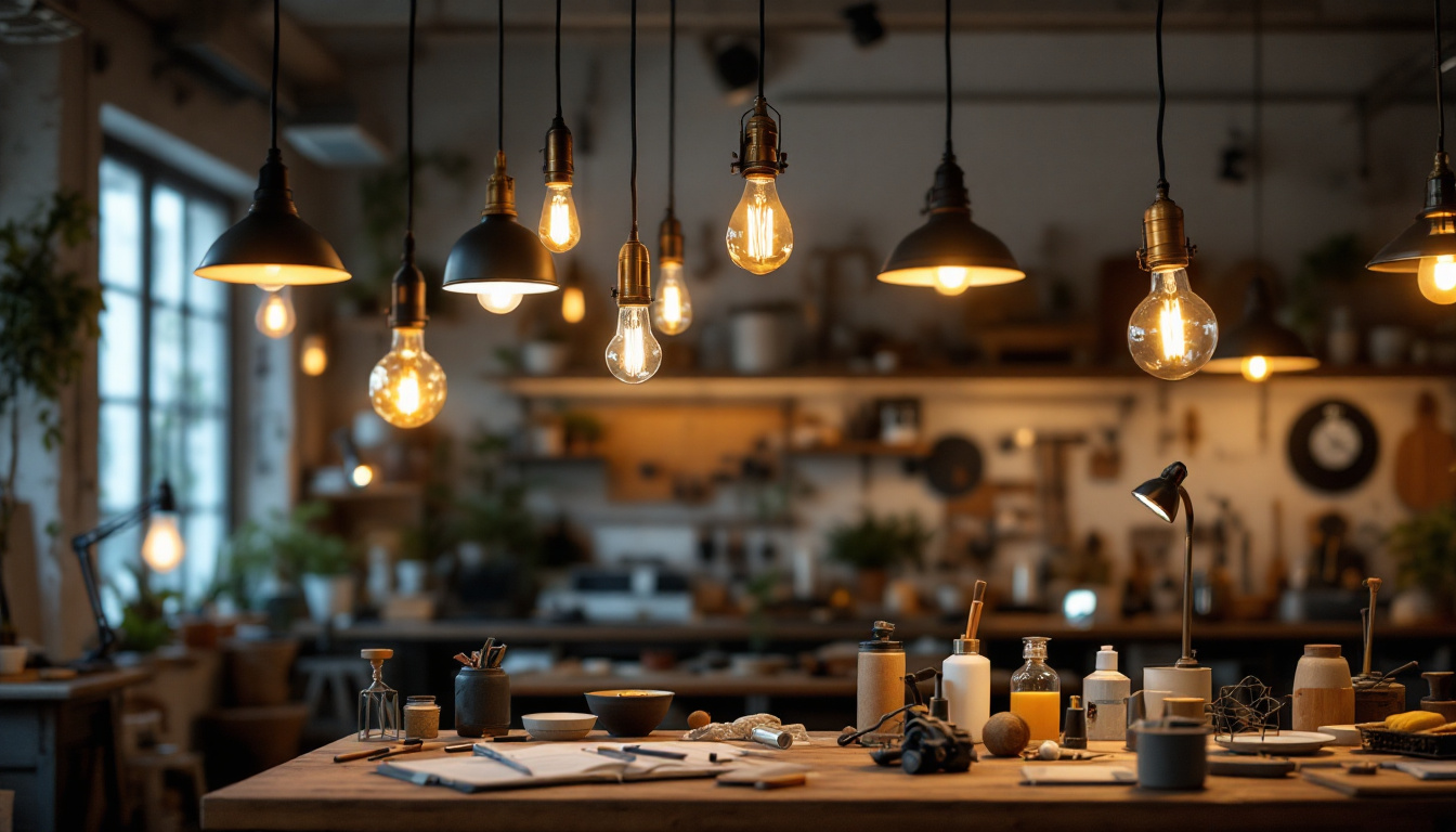 A photograph of a well-lit workshop featuring various hanging lights in action