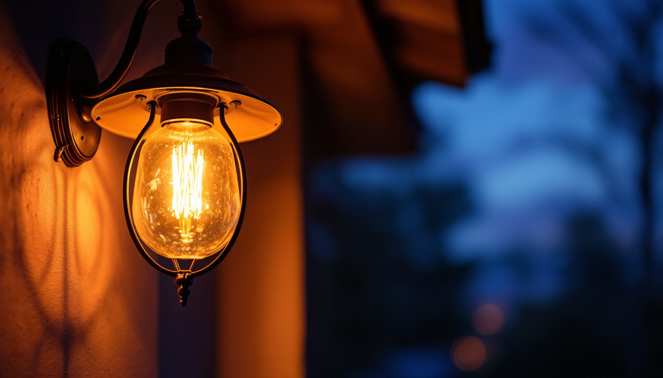 A photograph of a beautifully designed exterior hanging light fixture illuminated at dusk