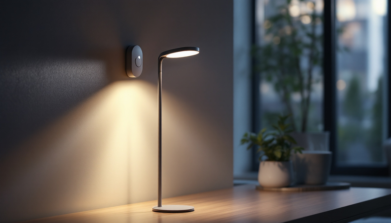 A photograph of a modern lamp equipped with a motion detector in a well-lit room