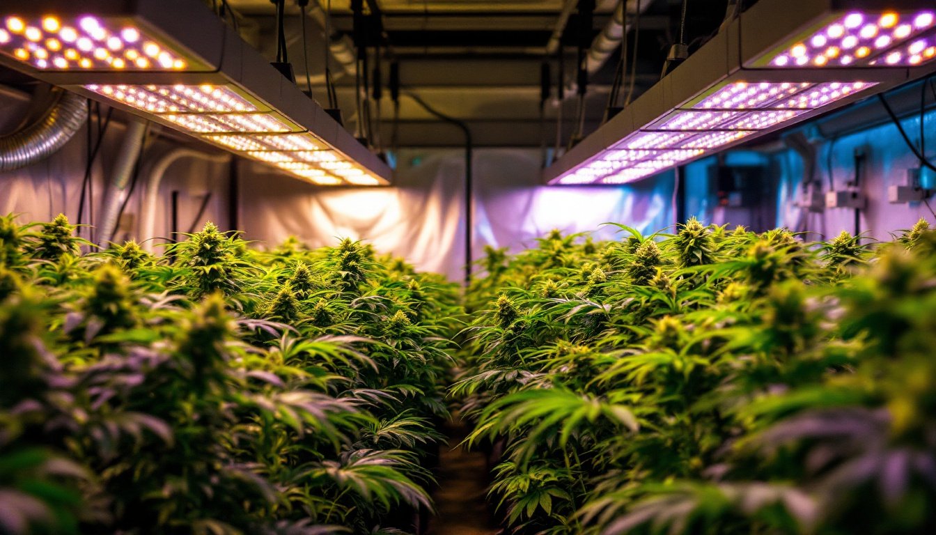 A photograph of a vibrant indoor cannabis cultivation setup