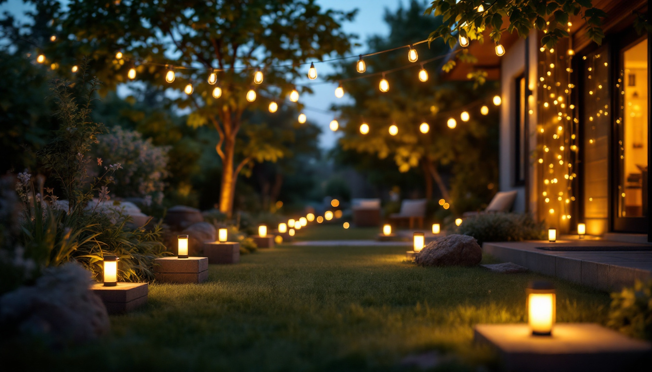 A photograph of a beautifully illuminated outdoor space showcasing various battery-powered led lights in use