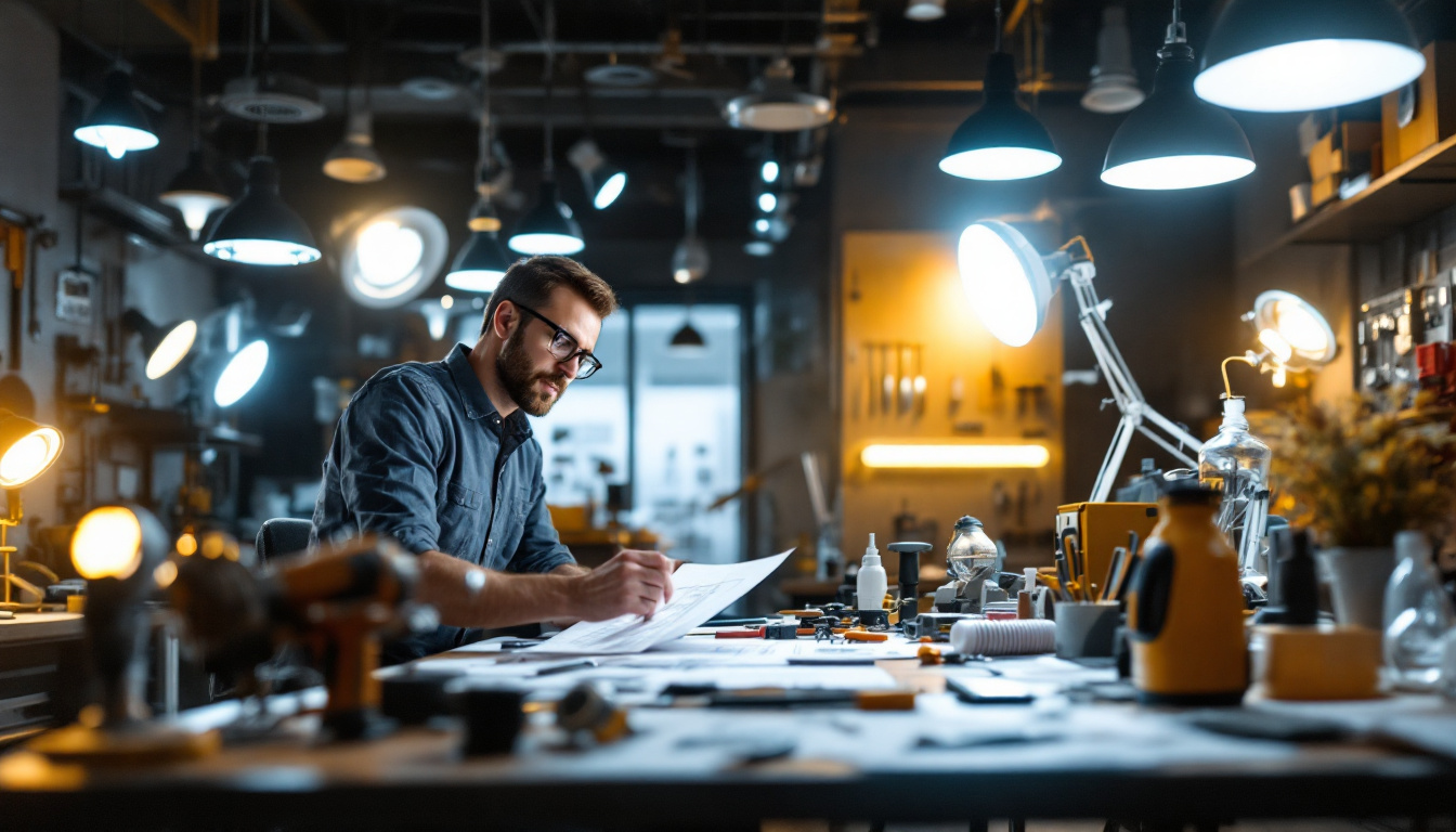 A photograph of a well-lit workspace featuring an electrical engineer reviewing lighting designs