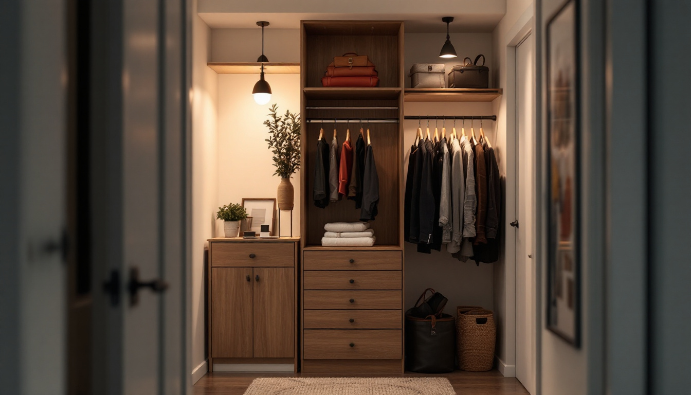 A photograph of a small closet featuring various lighting solutions