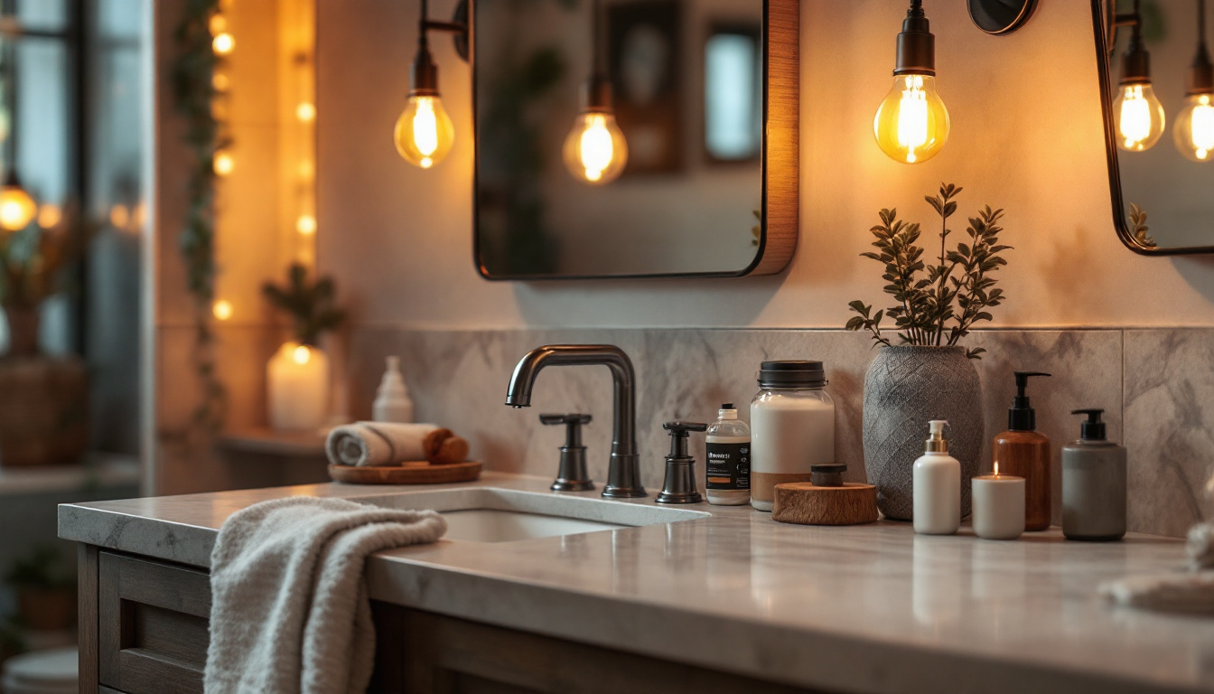 A photograph of a beautifully designed bathroom vanity featuring stylish light bulbs