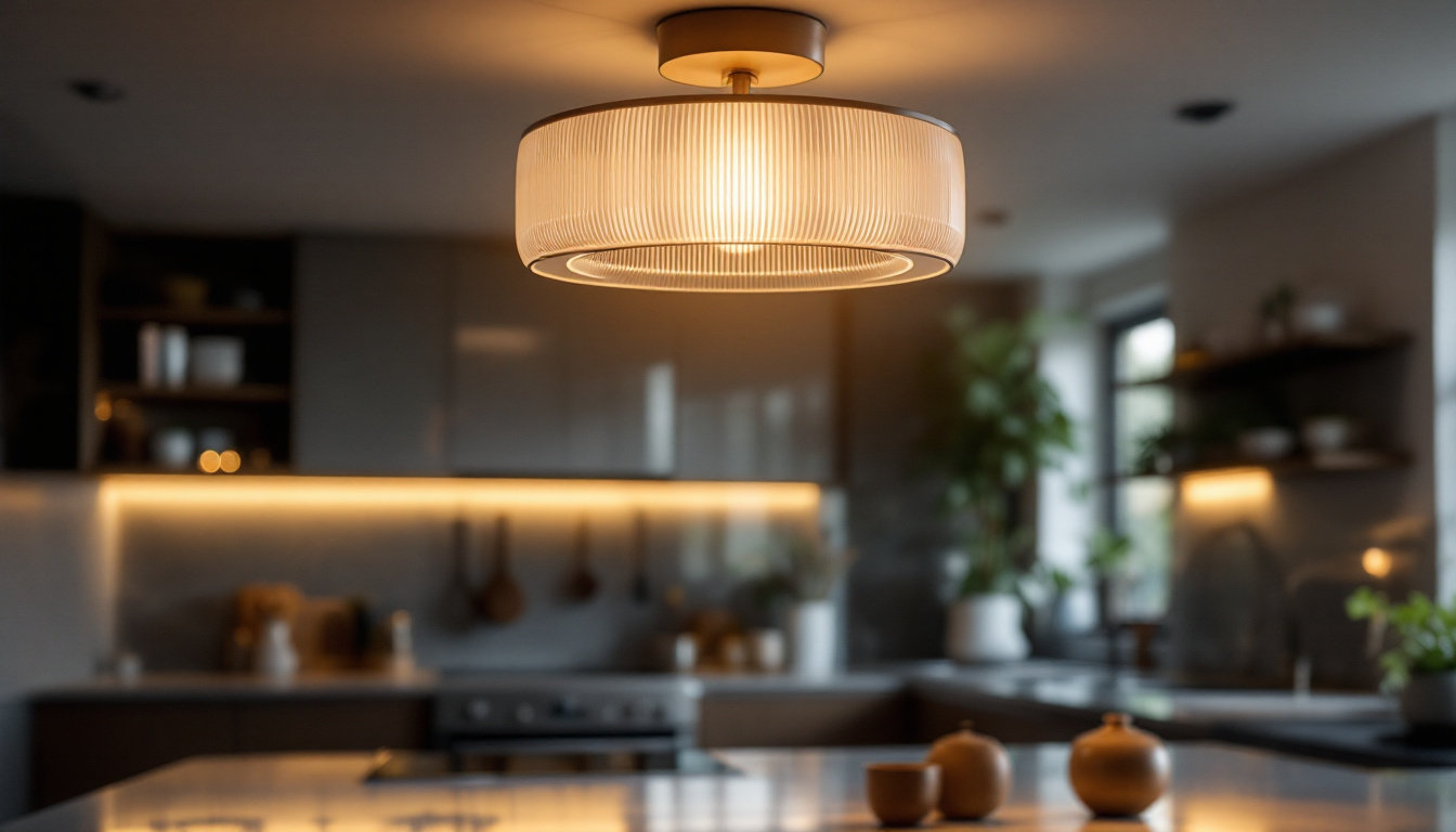 A photograph of a beautifully designed semi-flush kitchen light fixture in an elegant kitchen setting
