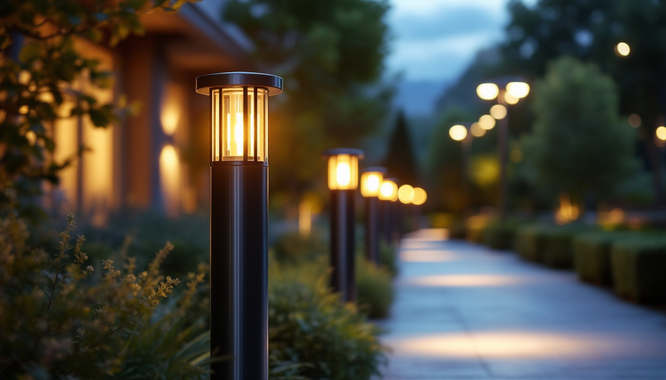 A photograph of a beautifully illuminated outdoor space featuring stylish bollard exterior lighting