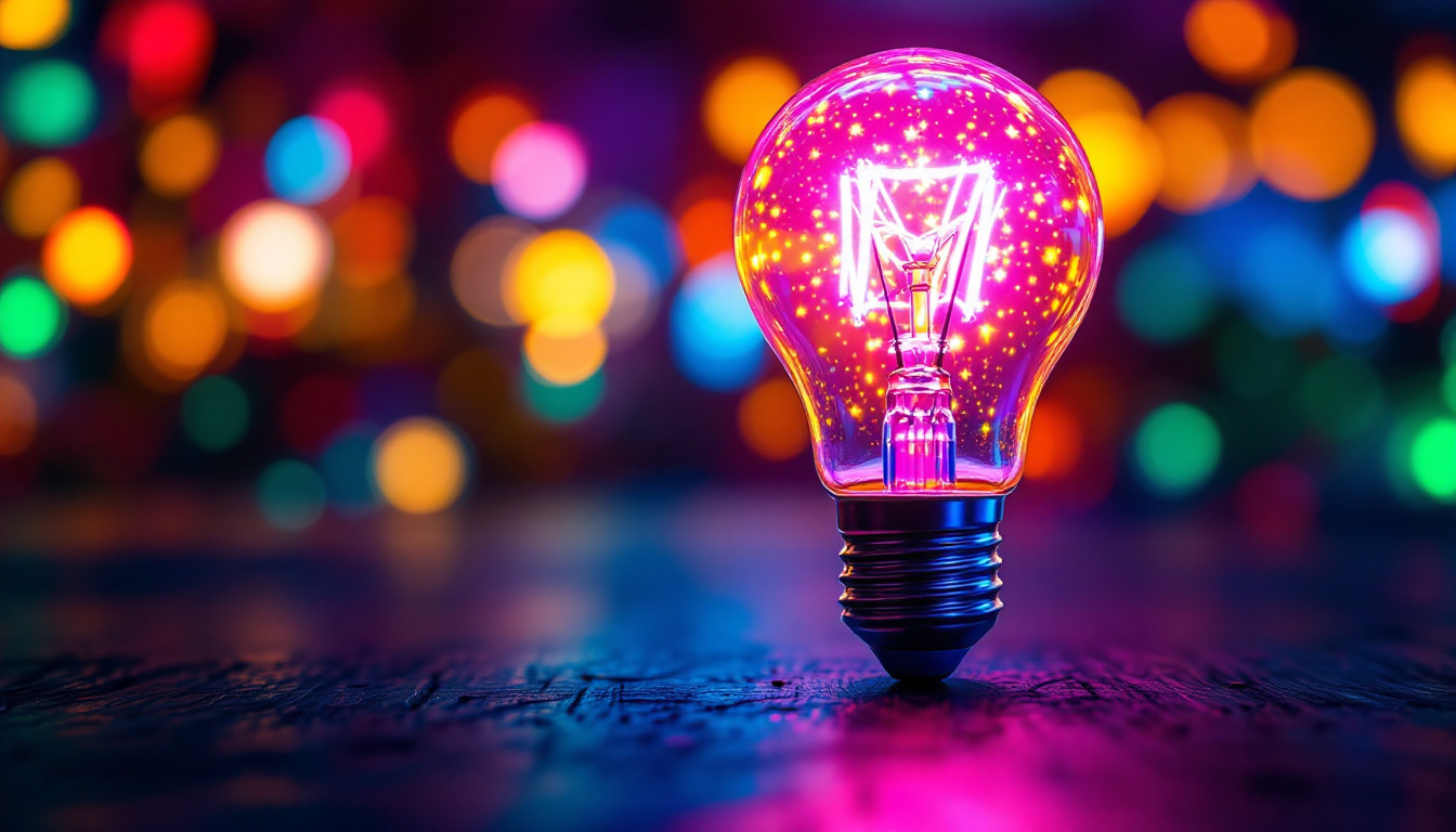 A photograph of a close-up of a vibrant led light bulb emitting colorful light