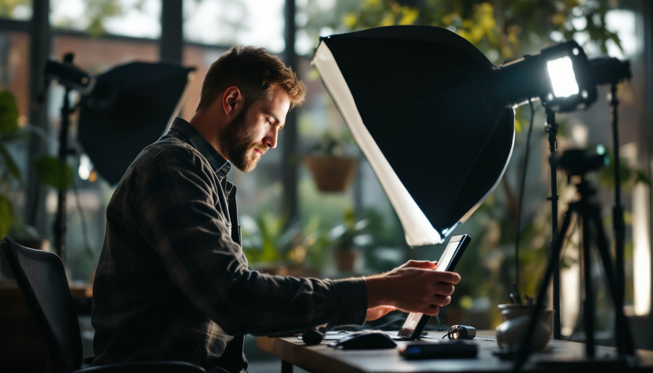 A photograph of a lighting engineer at work
