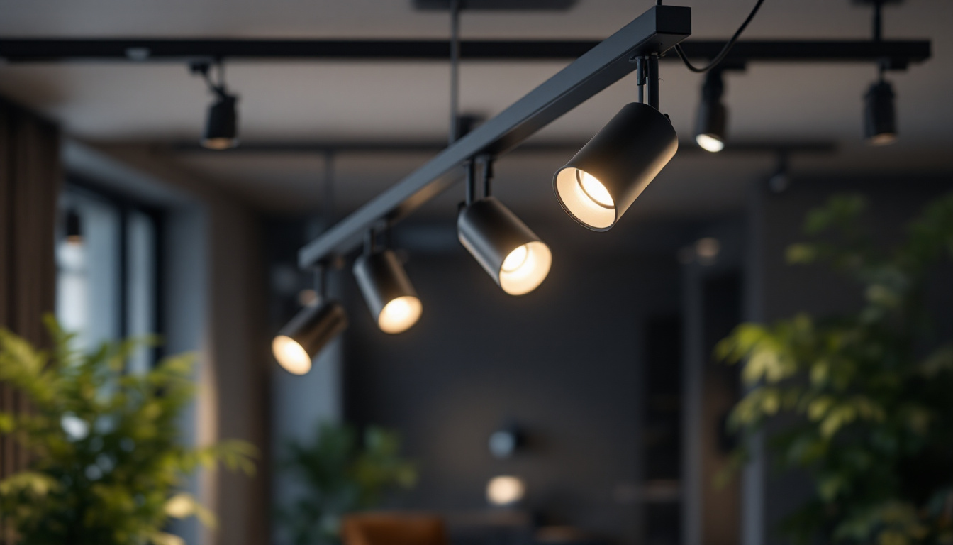 A photograph of a modern track lighting installation in a stylish interior space