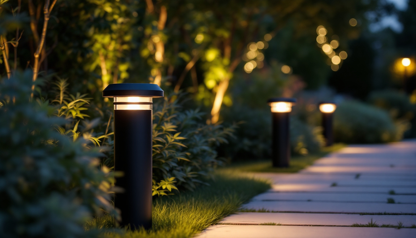 A photograph of a beautifully lit outdoor space featuring stylish canister lights illuminating a pathway or garden area
