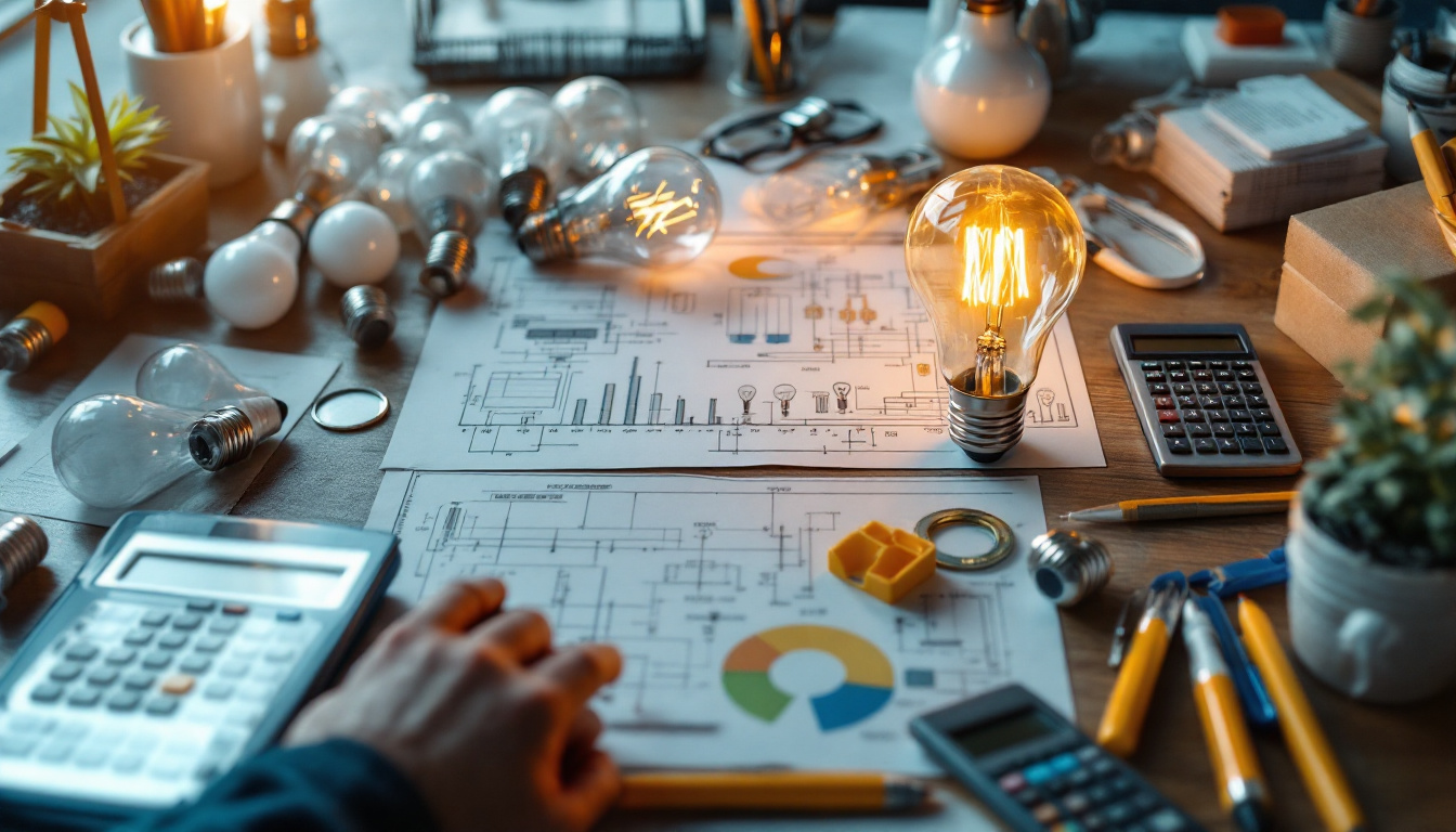 A photograph of a well-organized workspace featuring various types of wholesale light bulbs