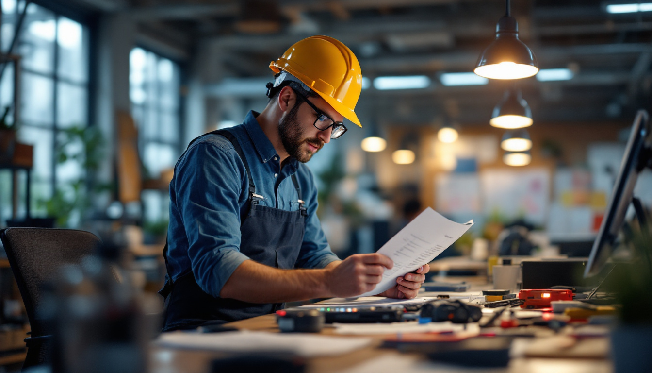 A photograph of an engineer examining led emergency drivers and compliance documentation in a well-lit workspace