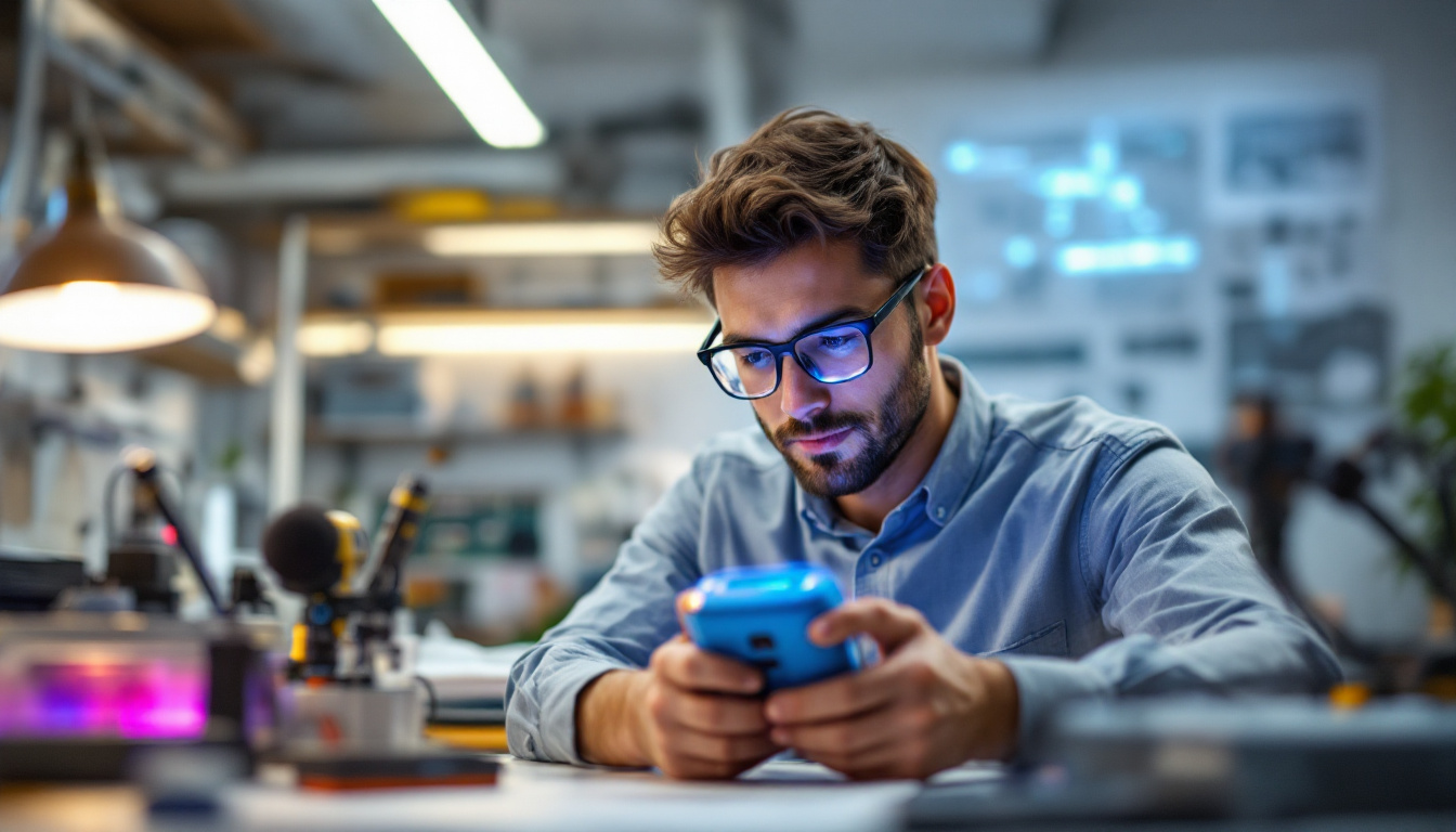 A photograph of a focused electrical engineer examining a handheld uv device in a lab setting