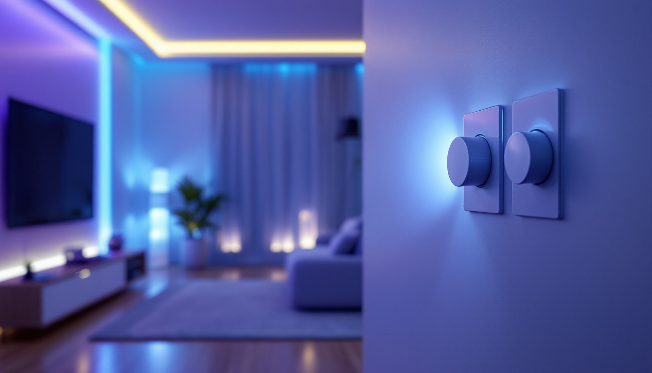 A photograph of a modern living room illuminated by led lights