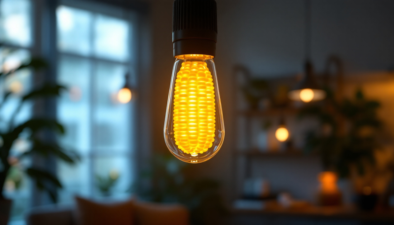 A photograph of a beautifully designed corn cob light fixture illuminated in a modern setting