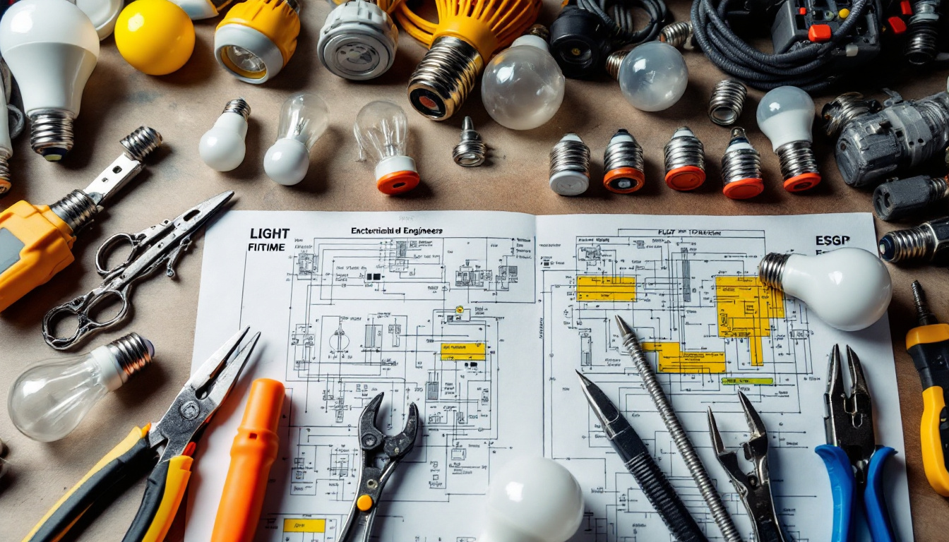 A photograph of a diverse array of light bulb fittings displayed alongside electrical tools and schematics