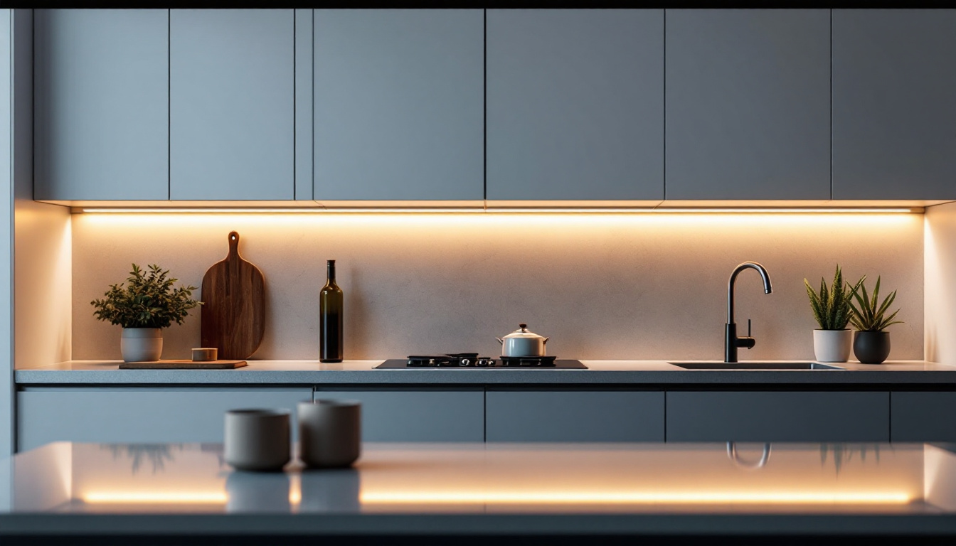 A photograph of a stylish kitchen featuring sleek under cabinet lighting that highlights the workspace