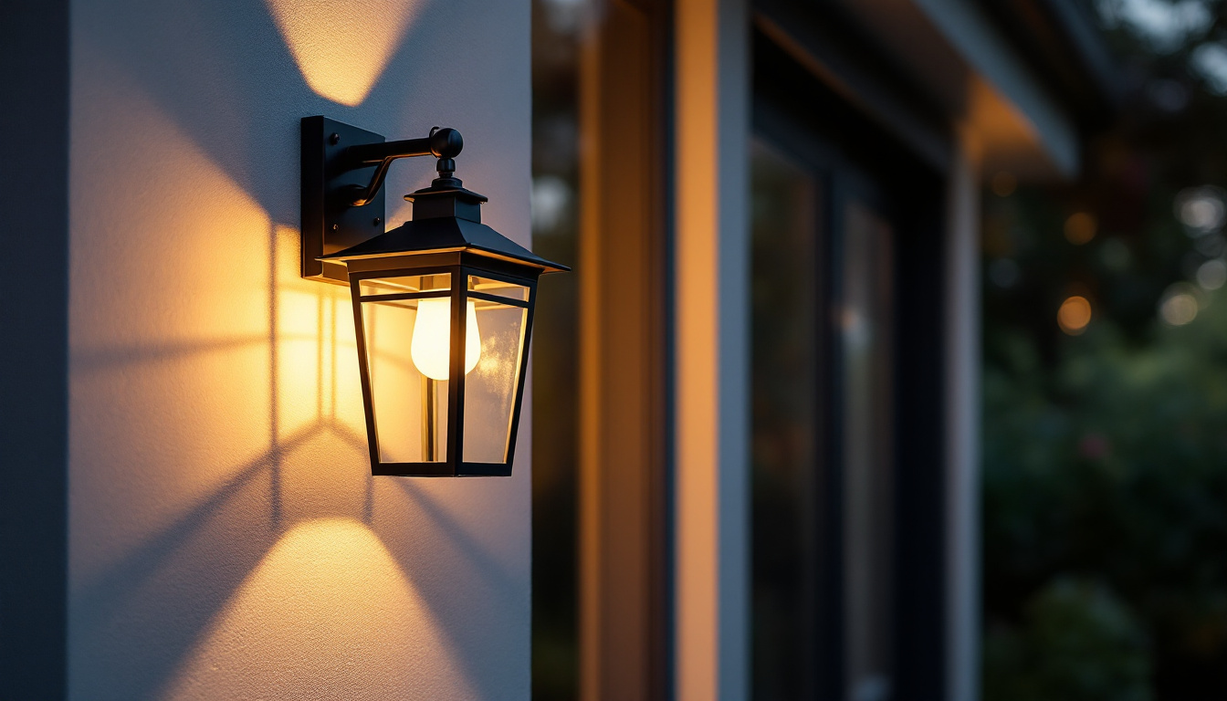 A photograph of a beautifully designed outdoor wall lantern light fixture illuminating a cozy entryway or patio